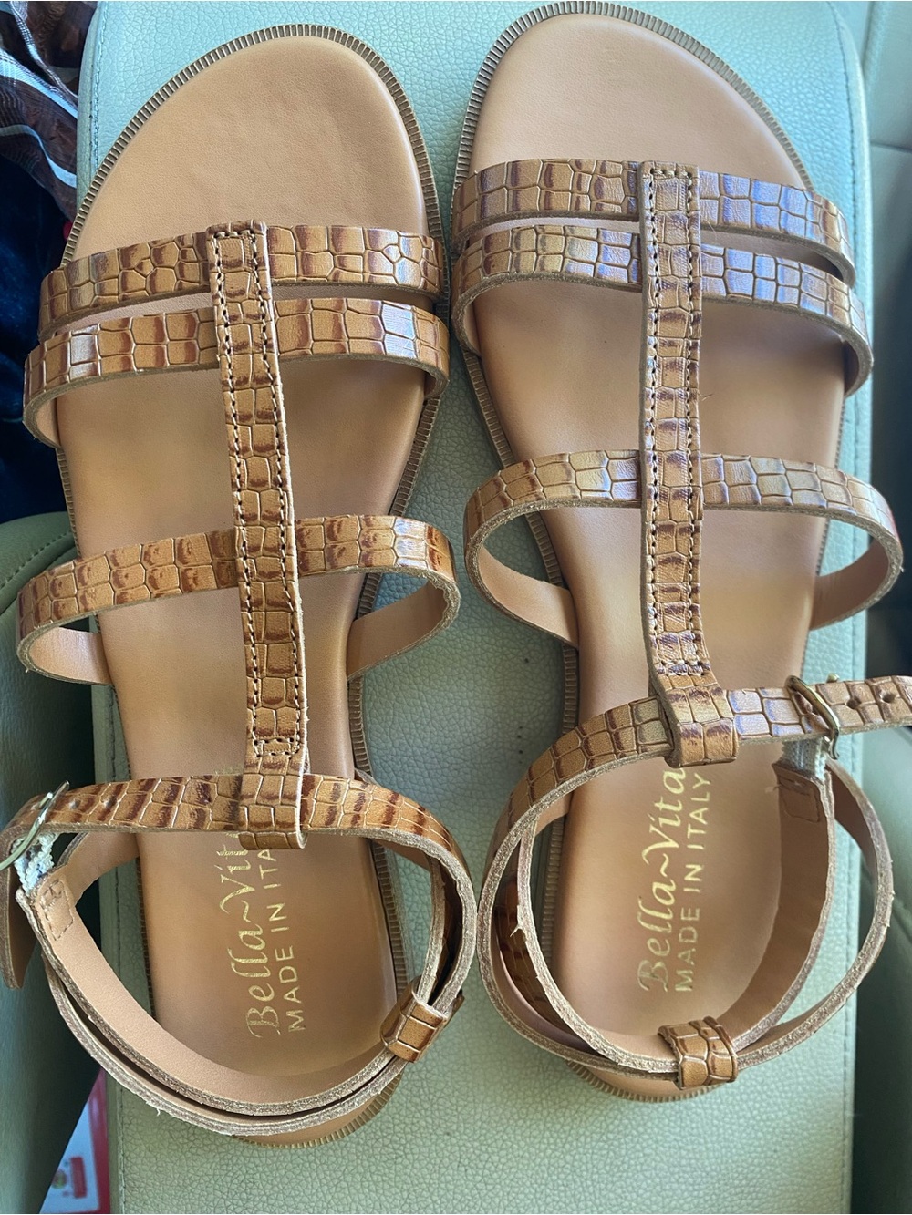 NWOT- Bella Vita Cognac Croc‑Embossed T‑Strap Sandals